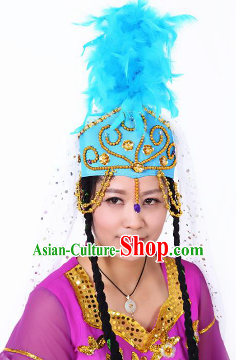 Chinese Traditional Classical Dance Hair Accessories Uyghur Nationality Blue Feather Headwear for Women