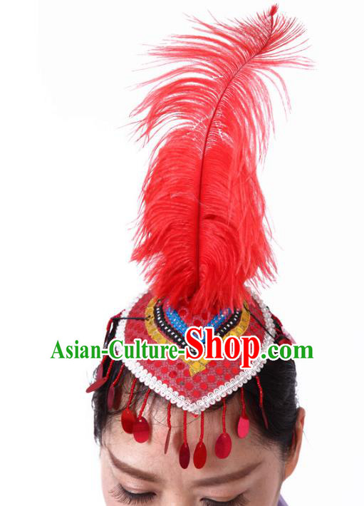 Chinese Traditional Folk Dance Hair Accessories Yangko Red Feather Hats Headwear for Women