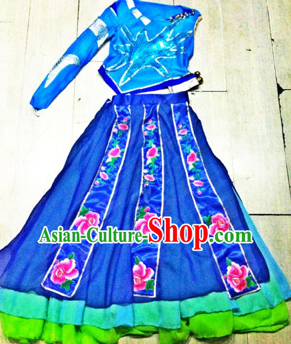 Traditional Chinese Miao Nationality Dance Costume, Folk Dance Hmong Minority Blue Dress for Women