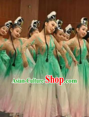 Traditional Chinese Classical Dance Green Dress Fan Dance Costume, Folk Dance Yangko Uniform for Women