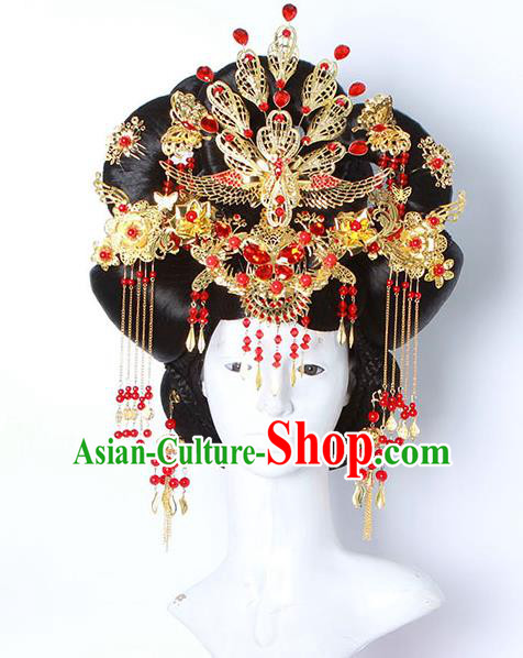 Chinese Ancient Hair Accessories Hanfu Imperial Consort Wig and Phoenix Coronet Hairpins Traditional Palace Lady Headwear for Women