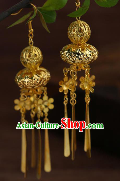 Chinese Traditional Classical Accessories Long Tassel Golden Calabash Earrings Headwear for Women
