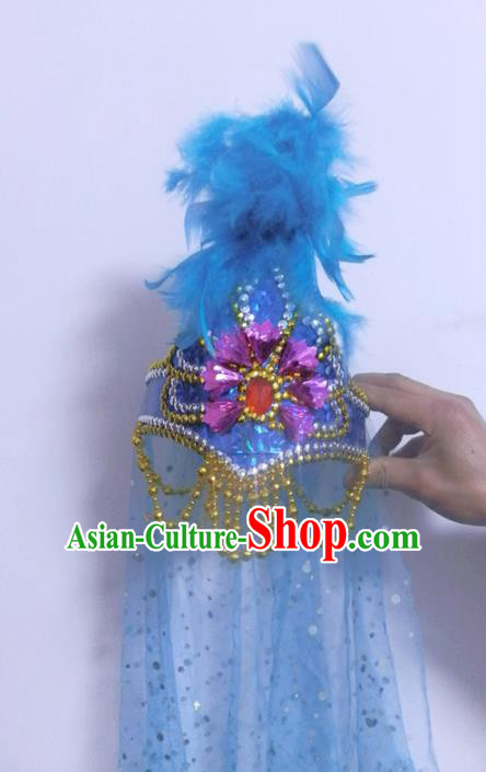 Chinese Traditional Folk Dance Hair Accessories Uyghur Nationality Dance Headwear Blue Feather Hats for Women