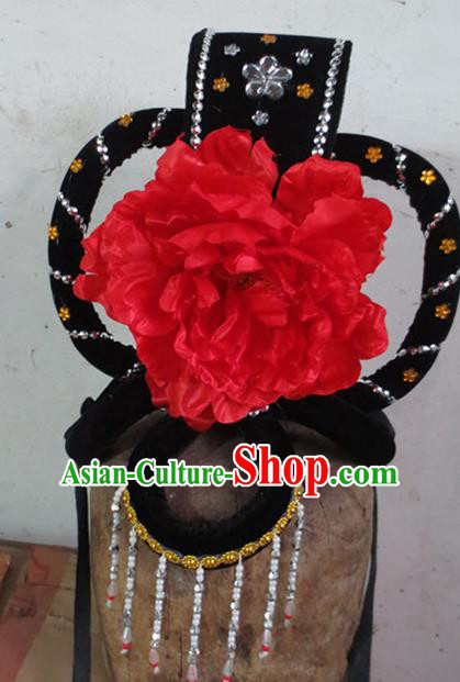 Chinese Traditional Beijing Opera Hair Accessories Classical Dance Red Peony Headwear for Women