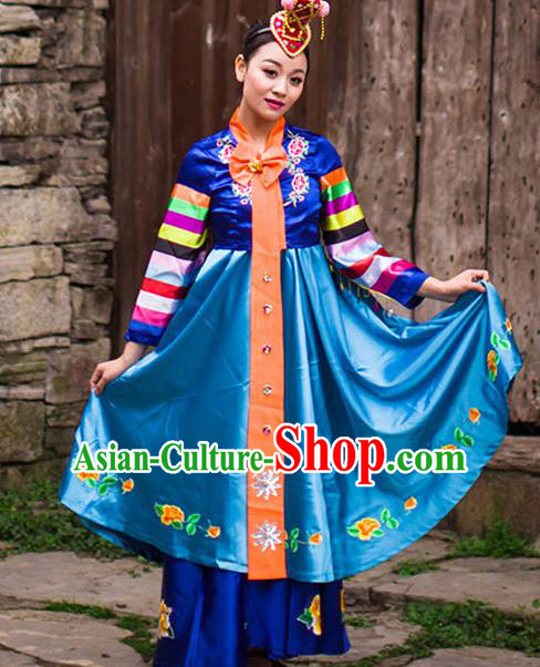 Traditional Chinese Korean Nationality Dance Costume and Headwear, Koreans Ethnic Pleated Skirt Minority Embroidery Clothing for Women