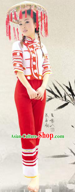 Traditional Chinese Maonan Nationality Dance Costume, China Ethnic Minority Clothing and Headdress for Women