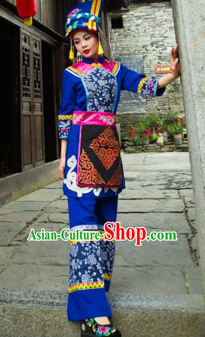 Traditional Chinese Qiang Nationality Embroidered Costume, China Ethnic Minority Dance Blue Clothing and Headdress for Women