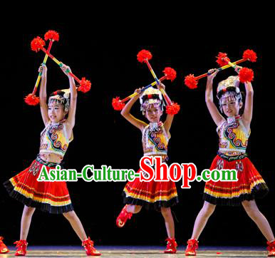Chinese Traditional Folk Dance Ethnic Costume, Children Yi National Minority Classical Dance Clothing for Kids