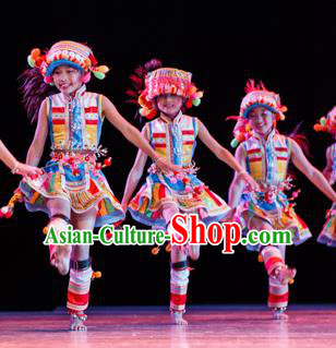 Chinese Traditional Folk Dance Ethnic Costume, Children Bai National Minority Classical Dance Clothing for Kids