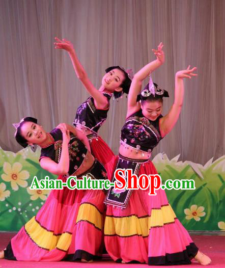 Chinese Traditional Yi Ethnic Stage Performance Costume, China Nationality Folk Dance Clothing for Children