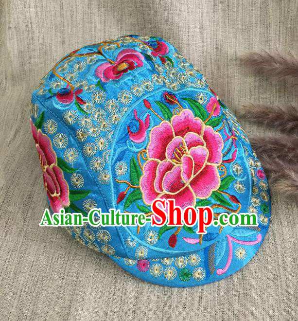 Chinese Traditional Embroidery Casquette Accessories Handmade Embroidered Peony Lake Blue Caps for Women