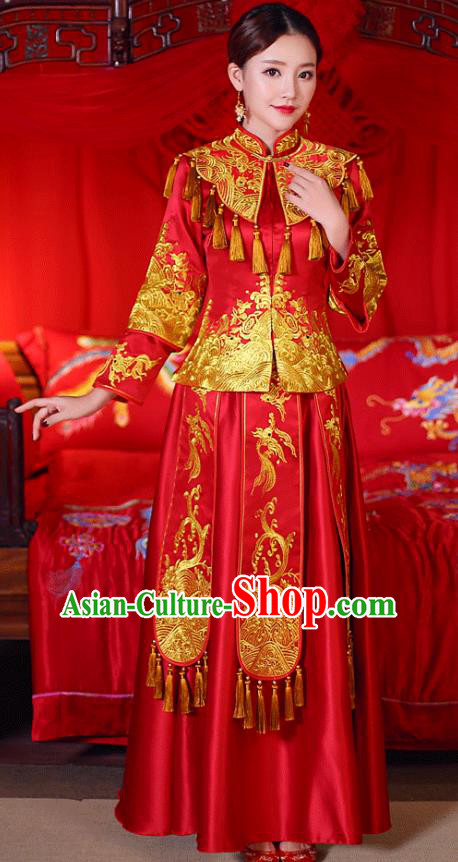 Chinese Traditional Wedding Dress Costume Golden Tassel Bottom Drawer, China Ancient Bride Embroidered Xiuhe Suit for Women
