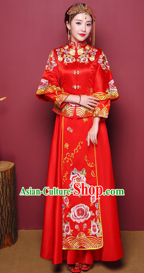 Chinese Traditional Wedding Red Dress Costume Bottom Drawer, China Ancient Bride Embroidered Xiuhe Suits for Women