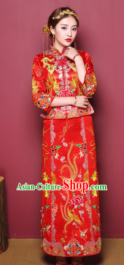 Chinese Traditional Wedding Costume Slim Dress Bottom Drawer, China Ancient Bride Embroidered Xiuhe Suits for Women