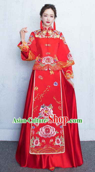 Chinese Traditional Bride Toast Clothing Embroidery Peony Red Xiuhe Suits Ancient Bottom Drawer Wedding Costumes for Women