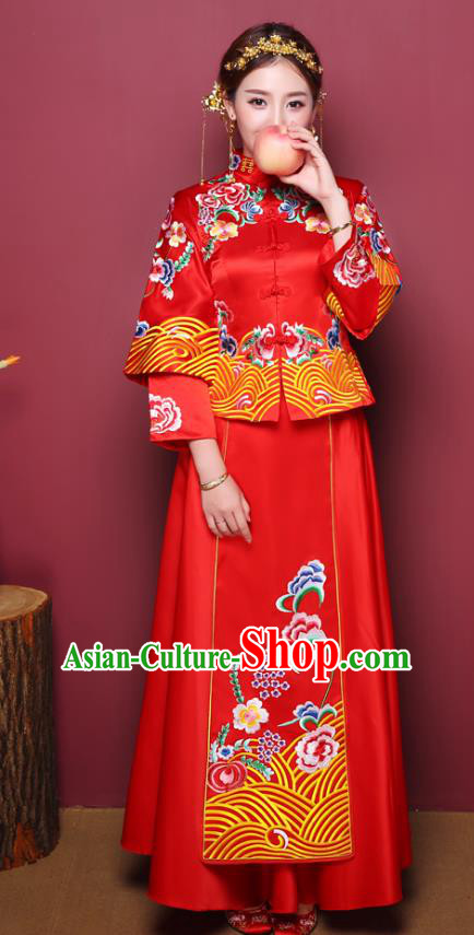 Chinese Ancient Wedding Costume Traditional Red Dress, China Ancient Bride Toast Clothing Embroidered Peony Xiuhe Suits for Women