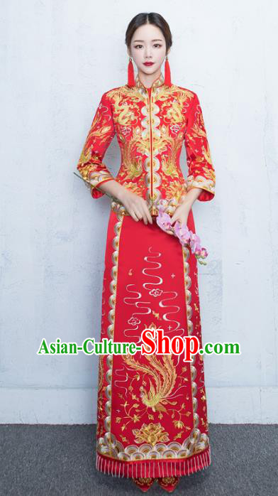 Chinese Traditional Embroidered Xiuhe Suits Bride Red Full Dress Ancient Embroidery Phoenix Bottom Drawer Wedding Costumes for Women