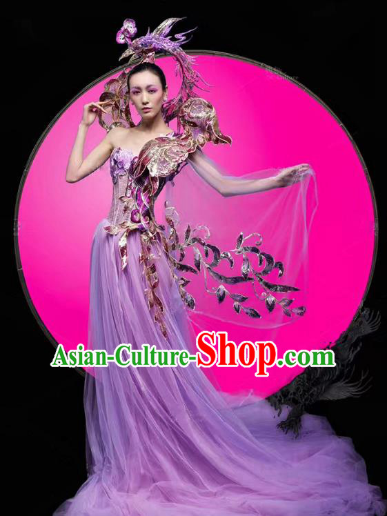 Top Grade Stage Performance Costumes Modern Fancywork Purple Veil Full Dress and Headpiece for Women