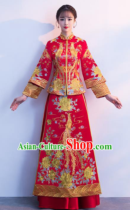Chinese Traditional Xiuhe Suits Bride Red Full Dress Ancient Embroidered Phoenix Bottom Drawer Wedding Costumes for Women