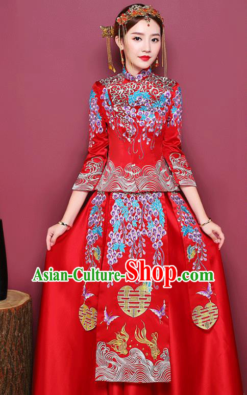Chinese Ancient Wedding Costume Bride Toast Clothing, China Traditional Delicate Embroidered Dress Xiuhe Suits for Women