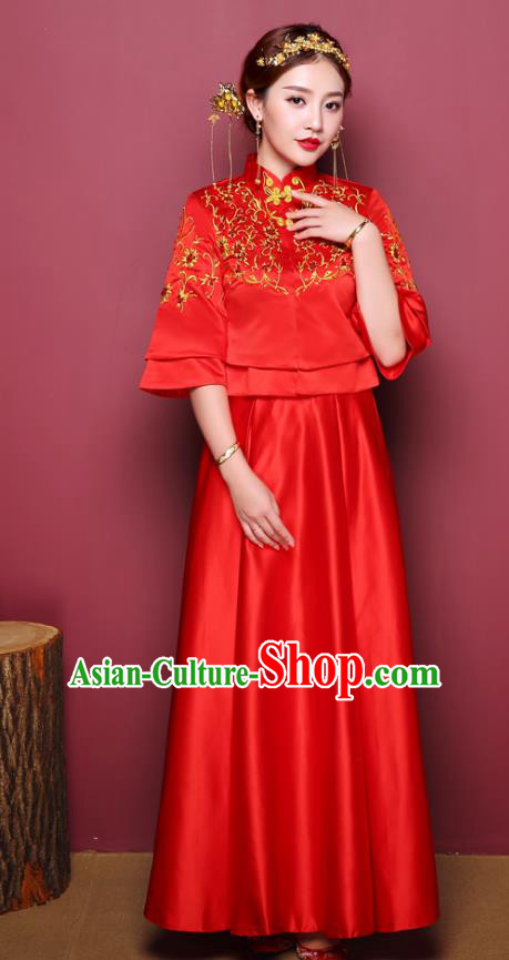 Chinese Ancient Wedding Costume Bride Toast Clothing, China Traditional Delicate Embroidered Red Dress Xiuhe Suits for Women