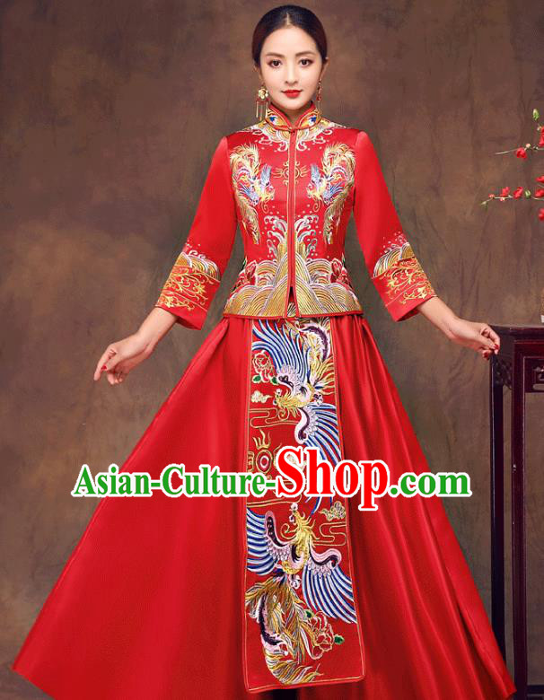 Chinese Ancient Wedding Costume Bride Toast Clothing, China Traditional Delicate Embroidered Phoenix Red Dress Xiuhe Suits for Women