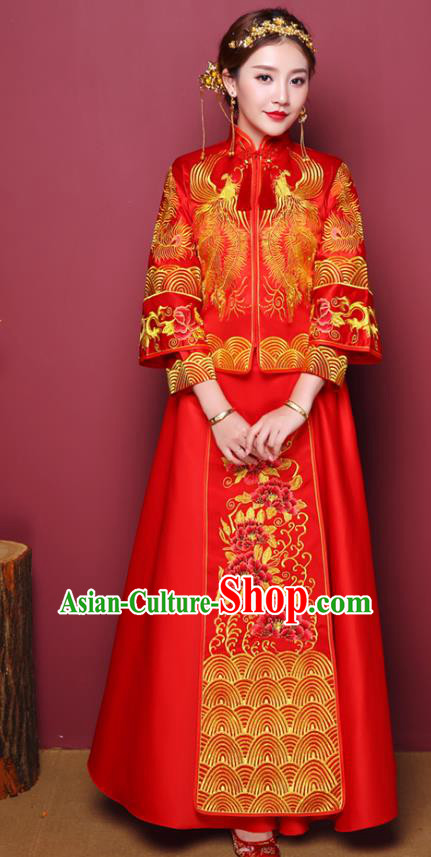 Chinese Traditional Wedding Dress Costume Red Bottom Drawer, China Ancient Bride Embroidered Peony Xiuhe Suit Clothing for Women