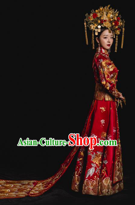 Chinese Traditional Trailing Xiuhe Suits Ancient Bride Embroidered Bottom Drawer Wedding Costumes for Women