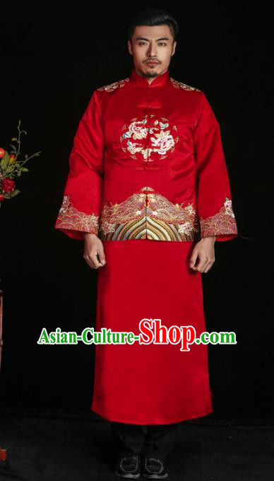 Chinese Traditional Embroidered Wedding Costume China Ancient Bridegroom Tang Suit Red Gown for Men