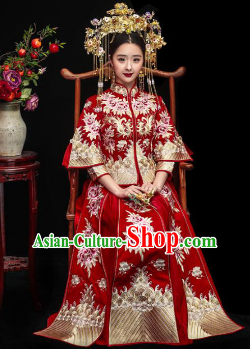 Chinese Traditional Xiuhe Suits Ancient Bride Embroidered Peony Red Bottom Drawer Wedding Costumes for Women