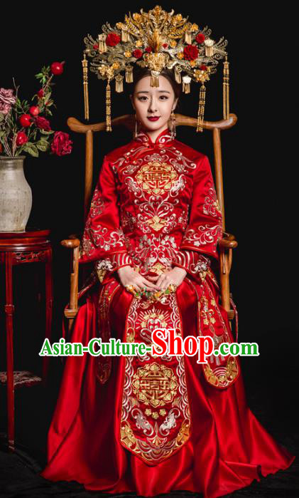 Chinese Traditional Toast Red Xiuhe Suits Ancient Bride Embroidered Bottom Drawer Wedding Costumes for Women