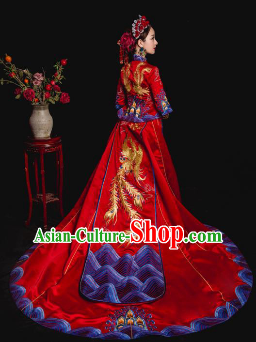 Chinese Ancient Wedding Costume Bride Trailing Embroidery Toast Clothing, Traditional Delicate Embroidered Red Xiuhe Suits for Women