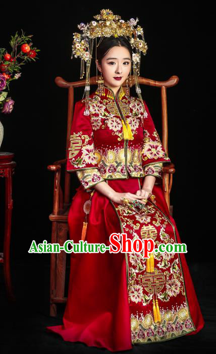Chinese Ancient Bride Wedding Costume Embroidery Toast Clothing, Traditional Delicate Embroidered Red Xiuhe Suits for Women