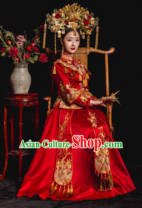 Chinese Ancient Bride Wedding Costume Embroidery Toast Clothing, Traditional Qing Dynasty Delicate Embroidered Red Xiuhe Suits for Women