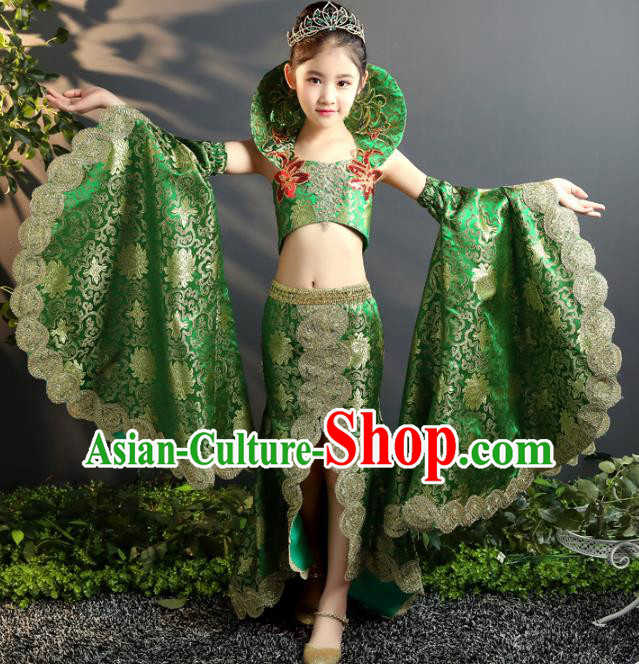 Children Stage Performance Costumes China Style Modern Fancywork Green Full Dress for Kids