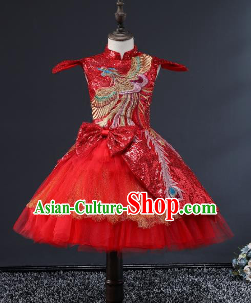Children Stage Performance Costumes Embroidered Red Cheongsam Modern Fancywork Full Dress for Kids
