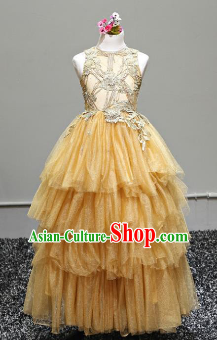 Top Grade Stage Performance Costumes Yellow Bubble Dress Modern Fancywork Full Dress for Kids