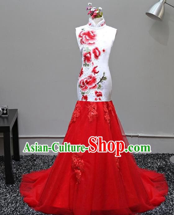 Top Grade Stage Performance Costumes Compere Cheongsam Embroidered Peony Mermaid Dress Modern Fancywork Full Dress for Kids