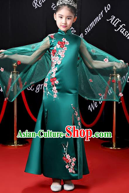 Top Grade Stage Performance Costumes Compere Green Cheongsam Modern Fancywork Full Dress for Kids
