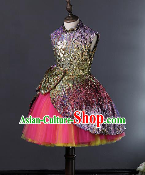 Top Grade Stage Performance Costumes Compere Purple Sequins Bubble Dress Modern Fancywork Full Dress for Kids