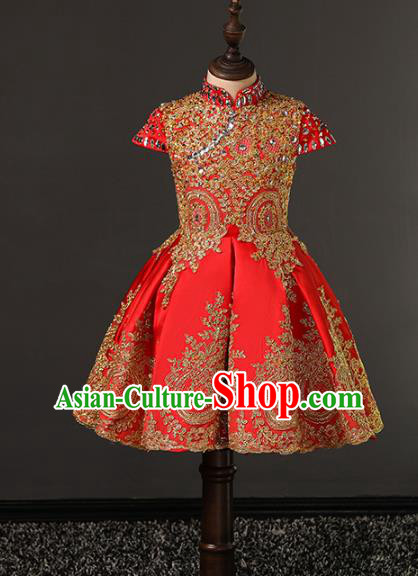Top Grade Compere Costumes Children Red Embroidered Dress Modern Fancywork Full Dress for Kids
