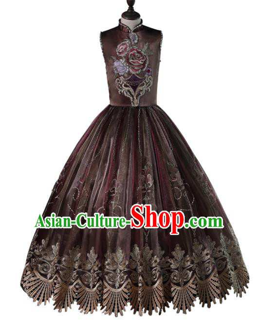 Top Grade Compere Costumes Children Embroidered Brown Dress Princess Dress Modern Fancywork Full Dress for Kids