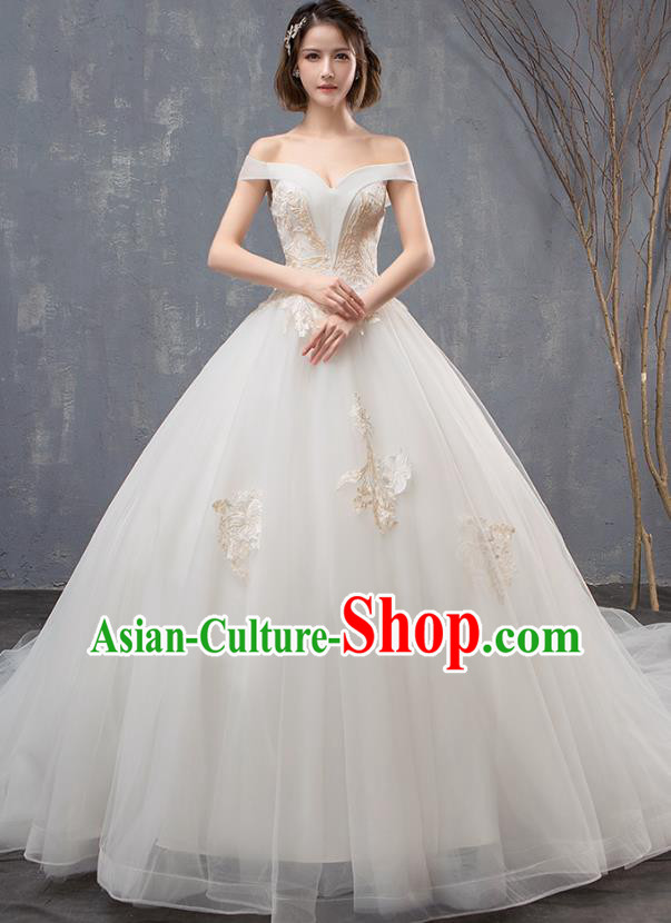 Top Grade Advanced Customization White Veil Mullet Dress Flat Shouders Wedding Dress Compere Bridal Full Dress for Women