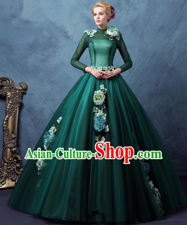 Top Grade Advanced Customization Green Veil Bubble Dress Flat Shouders Wedding Dress Compere Bridal Full Dress for Women