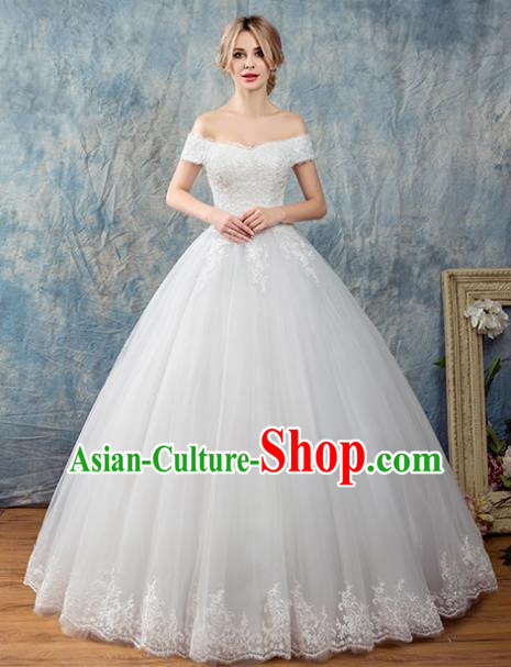 Top Grade Advanced Customization Flat Shouders White Veil Bubble Dress Wedding Dress Compere Bridal Full Dress for Women