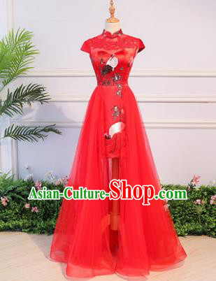 Top Grade Advanced Customization Printing Cranes Evening Dress Red Veil Wedding Dress Compere Bridal Full Dress for Women