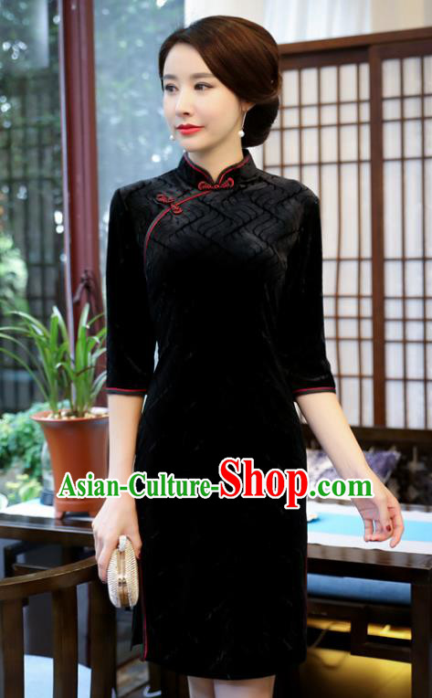 Top Grade Chinese Black Velvet Qipao Dress National Costume Traditional Mandarin Cheongsam for Women