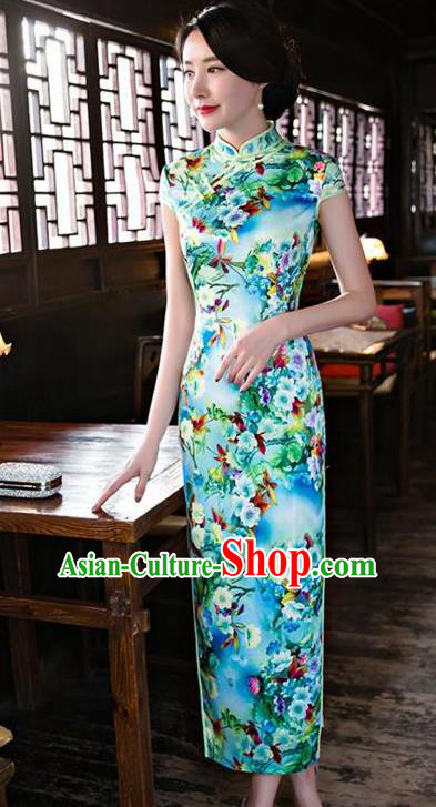 Top Grade Chinese Printing Flowers Green Silk Qipao Dress National Costume Traditional Mandarin Cheongsam for Women