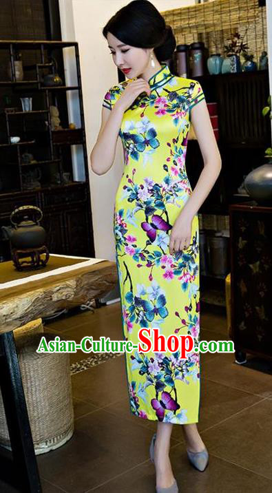 Top Grade Chinese Printing Butterfly Flowers Yellow Silk Qipao Dress National Costume Traditional Mandarin Cheongsam for Women