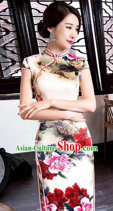 Top Grade Chinese Printing Peony Beige Silk Qipao Dress National Costume Traditional Mandarin Cheongsam for Women